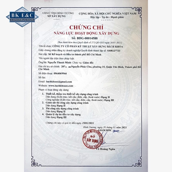 Chứng chỉ năng lực hoạt động xây dựng của Bách Khoa
