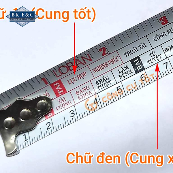 Thước Lỗ Ban đo kích thước và phong thủy với cung đỏ (tốt) và đen (xấu)