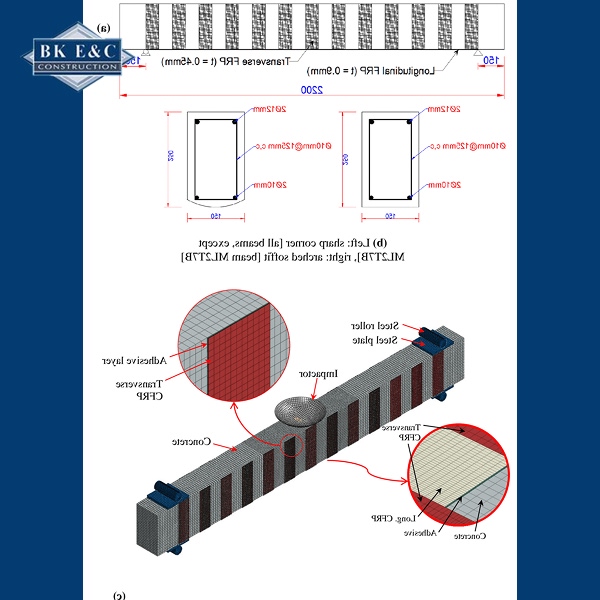 Bản vẽ minh họa kỹ thuật thể hiện phương pháp gia cường dầm bê tông bằng sợi CFRP 