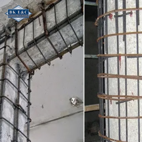 Các cấu kiện bê tông cốt thép (cột và dầm) đang trong quá trình gia cường kết cấu bằng phương pháp bọc FRP